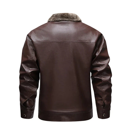 Men’s Fleece-Lined Leather Jacket – Retro Biker Outerwear with Warm Turn-Down Collar