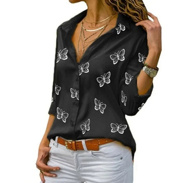Women’s Butterfly-Print Button Shirt – Relaxed Three-Quarter Sleeve Style for Everyday Wear