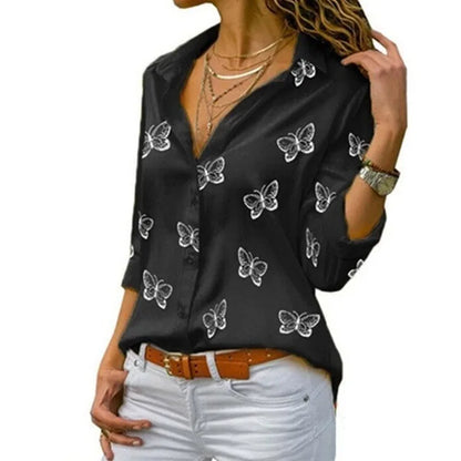 Women’s Butterfly-Print Button Shirt – Relaxed Three-Quarter Sleeve Style for Everyday Wear