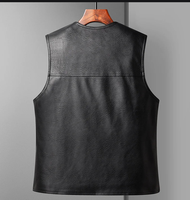 Men’s Fleece-Lined Leather Winter Vest – Warm V-Neck Sleeveless Waistcoat for Casual Cold-Weather Layering