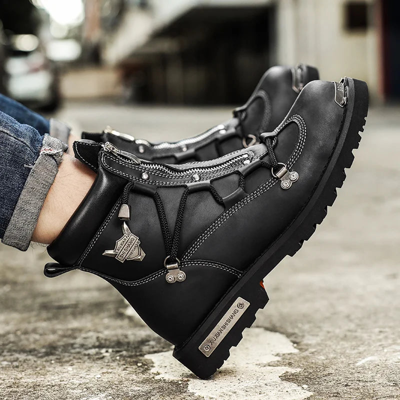 Men’s Waterproof Plush-Lined Snow Boots – Front-Zip Lace-Up Ankle Boots with Anti-Slip Sole