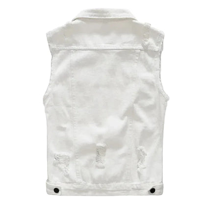 Men’s Distressed Sleeveless Denim Vest – Button-Front Trucker Layer with Frayed Armholes and Chest Pockets