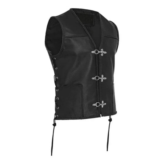Men’s Vintage Sleeveless Vest – V-Neck Lace-Up Layer with Metal Clasp Fastening for Casual Everyday Wear