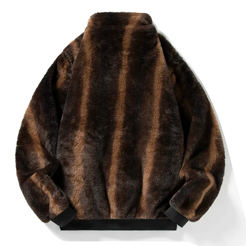 Men’s Plush Faux-Fur Jacket – Thick Winter Outerwear with High Collar and Ribbed Trims