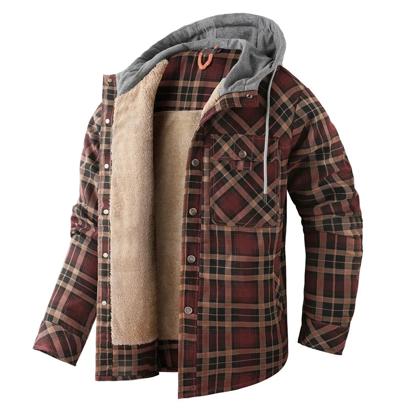 Men’s Hooded Fleece-Lined Plaid Shirt Jacket – Warm Button-Up Winter Overshirt