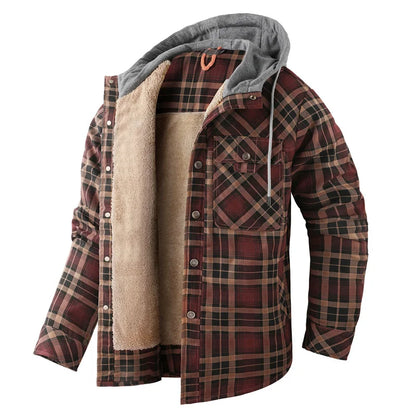 Men’s Hooded Fleece-Lined Plaid Shirt Jacket – Warm Button-Up Winter Overshirt
