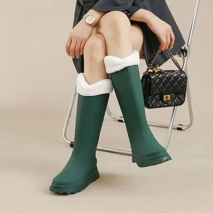 Women’s Plush-Lined Knee-High Rain Boots – Waterproof Rubber Boots with Non-Slip Chunky Sole
