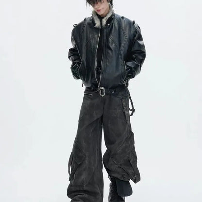 Men’s Faux-Leather Bomber Jacket – Fur-Trimmed Hooded Winter Coat with Buckled Hem Detail