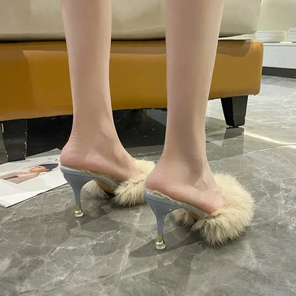 Women’s Faux-Fur Heeled Mules – Pointed-Toe Slip-On Shoes with Sculpted Kitten Heels