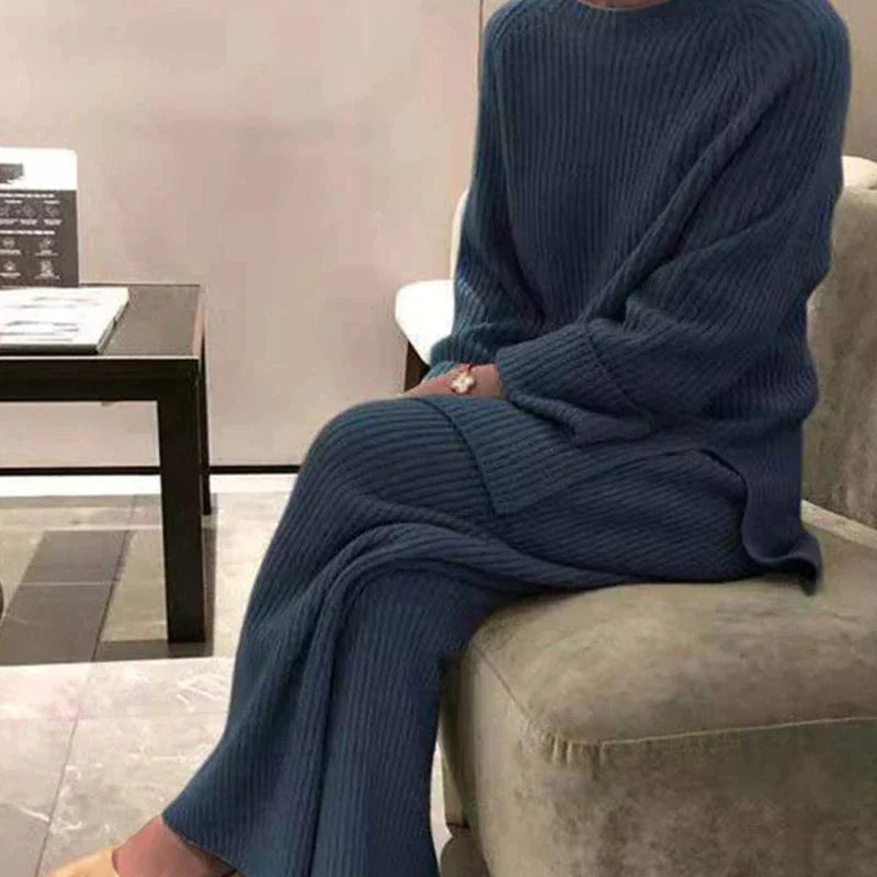 Women’s Ribbed Sweater and Wide-Leg Trouser Set – Cosy Two-Piece Winter Outfit