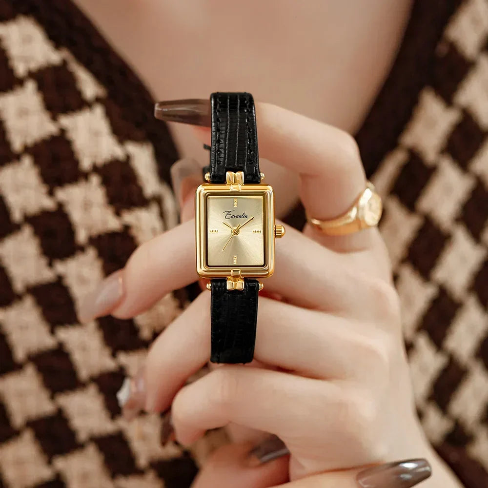 Women’s Square Dial Leather Strap Watch – Gold-Tone Stainless Steel Case with Minimalist Face for Everyday and Occasion Wear