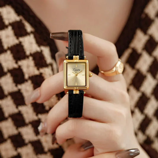 Women’s Square Dial Leather Strap Watch – Gold-Tone Stainless Steel Case with Minimalist Face for Everyday and Occasion Wear