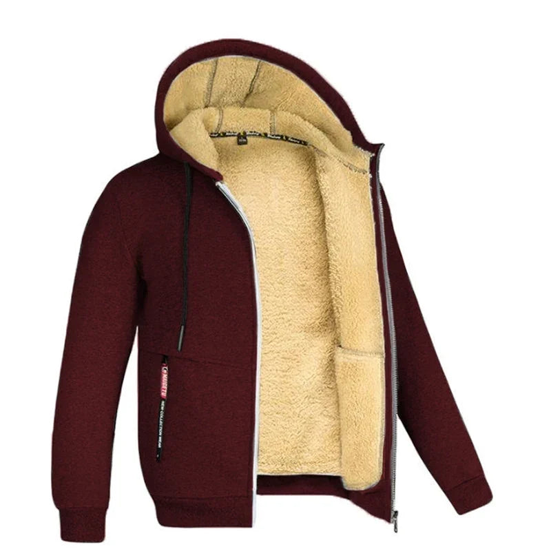 Men’s Plush Hooded Fleece Jacket – Thick Zip-Up Winter Layer with Ribbed Cuffs