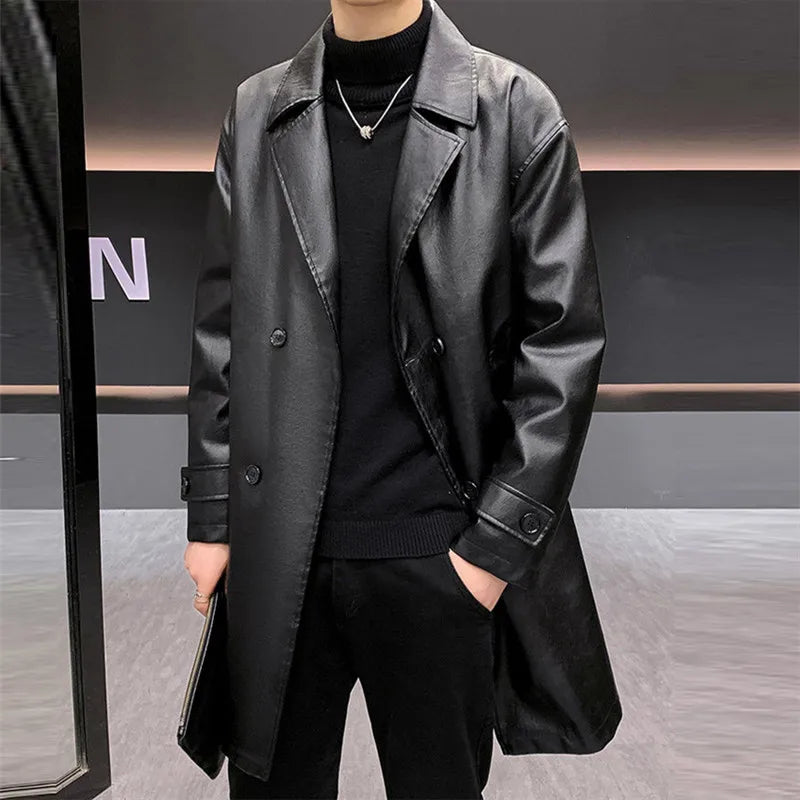 Men’s Long PU Leather Trench Coat – Quilted Winter Jacket with Classic Lapel Collar