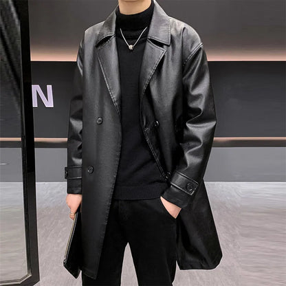 Men’s Long PU Leather Trench Coat – Quilted Winter Jacket with Classic Lapel Collar