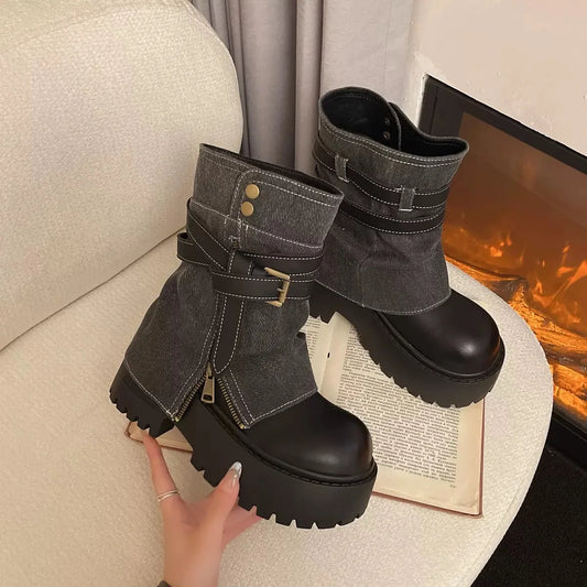 Women’s Leather-Look Buckle-Strap Platform Ankle Boots – Side-Zip Chunky-Sole Winter Combat Boots