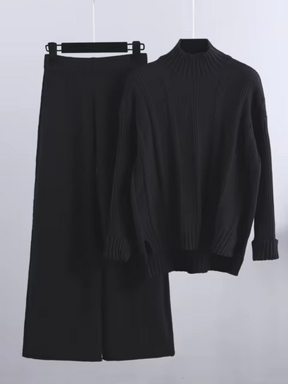 Women’s Ribbed Turtleneck Knit Set – Relaxed Long-Sleeve Jumper and Wide-Leg Trousers for Cold-Weather Wear