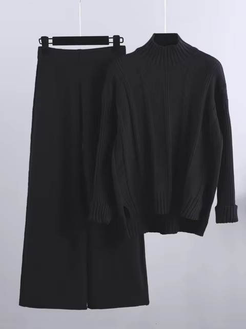 Women’s Ribbed Turtleneck Knit Set – Relaxed Long-Sleeve Jumper and Wide-Leg Trousers for Cold-Weather Wear