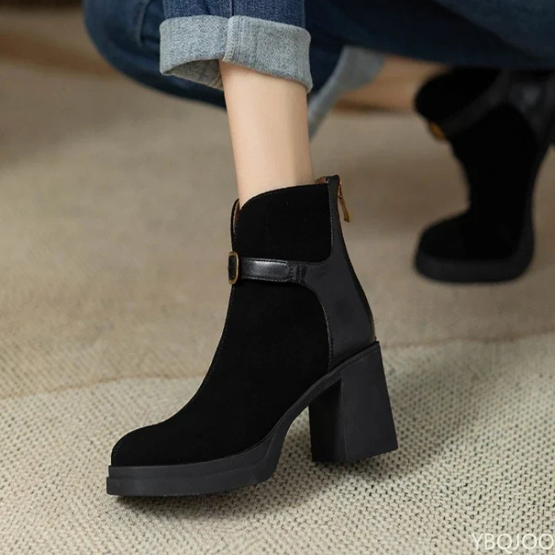 Women’s Buckle Ankle Boots – Thick-Sole Chunky Heel Boots for Autumn and Winter