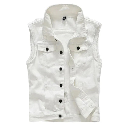 Men’s Distressed Sleeveless Denim Vest – Button-Front Trucker Layer with Frayed Armholes and Chest Pockets
