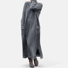 Women’s Knitted Maxi Dress – Stand-Collar Jumper Dress with Pockets
