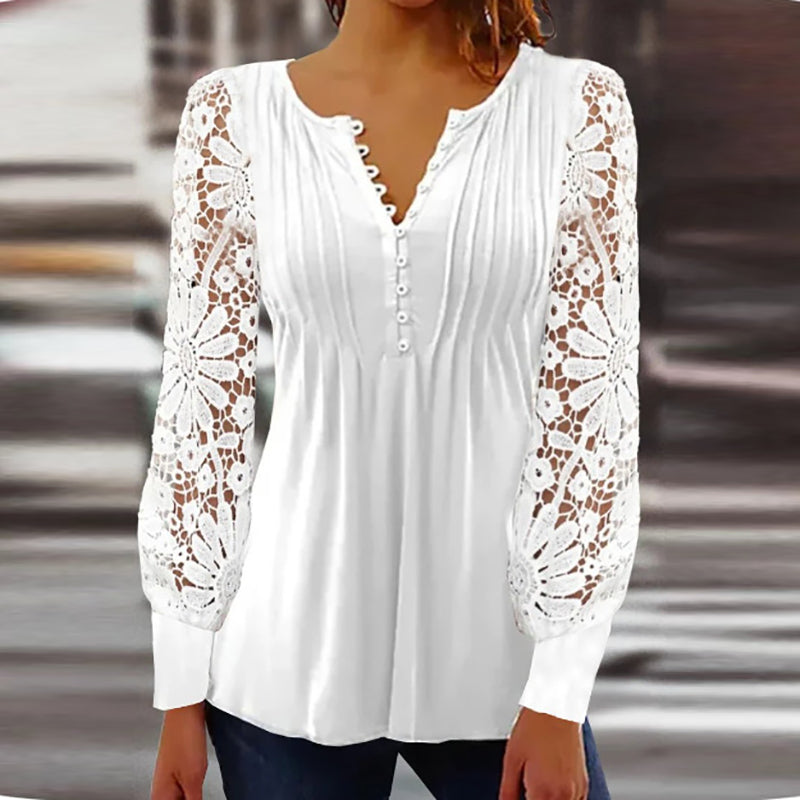 Women’s Lace Sleeve Blouse – Pintuck V-Neck Top for Elegant Everyday Wear