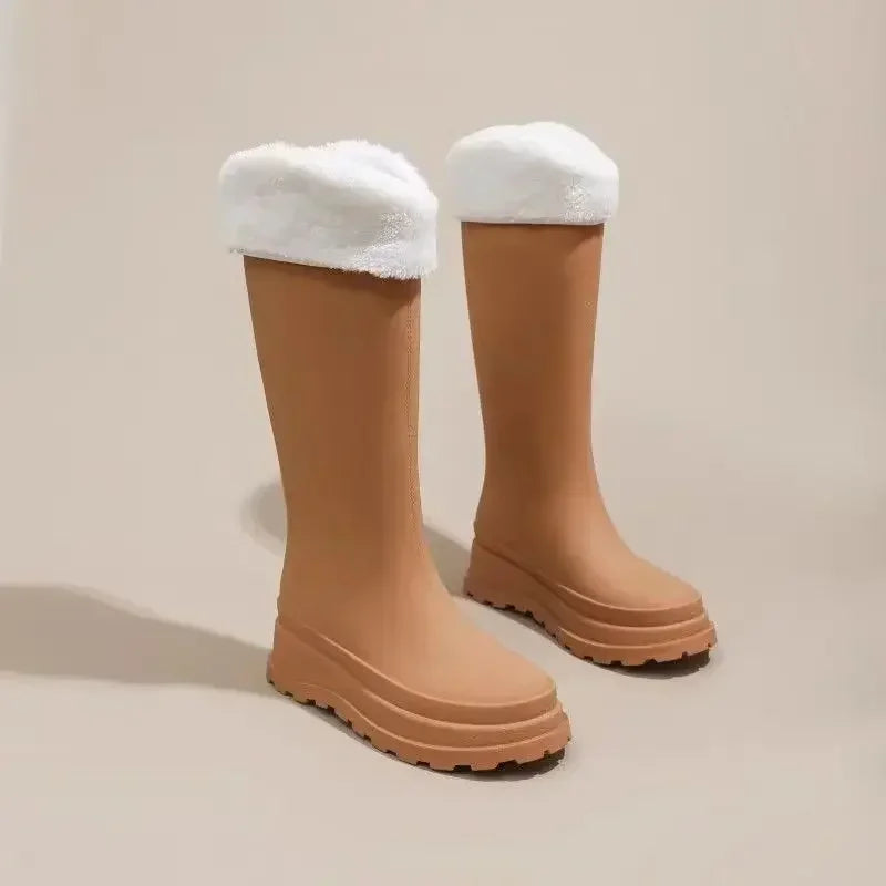 Women’s Plush-Lined Knee-High Rain Boots – Waterproof Rubber Boots with Non-Slip Chunky Sole
