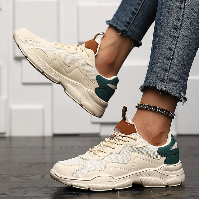 Women’s Lightweight Mesh Sneakers – Lace-Up Low-Top Trainers with Layered Panels and Chunky Cushioned Sole