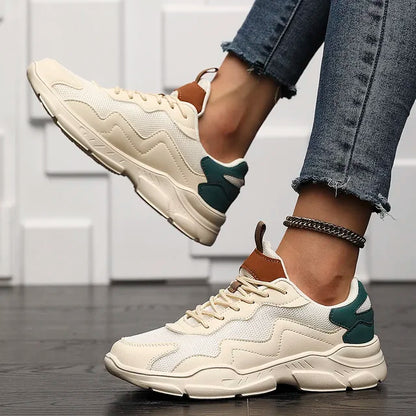 Women’s Lightweight Mesh Sneakers – Lace-Up Low-Top Trainers with Layered Panels and Chunky Cushioned Sole