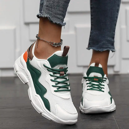 Women’s Lightweight Mesh Sneakers – Lace-Up Low-Top Trainers with Layered Panels and Chunky Cushioned Sole