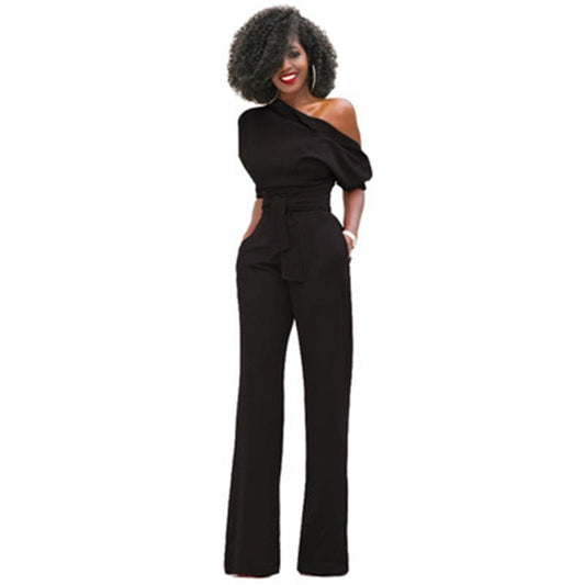 Women’s One-Shoulder Wide-Leg Jumpsuit – Elegant Belted Occasion Style for Parties and Evening Events