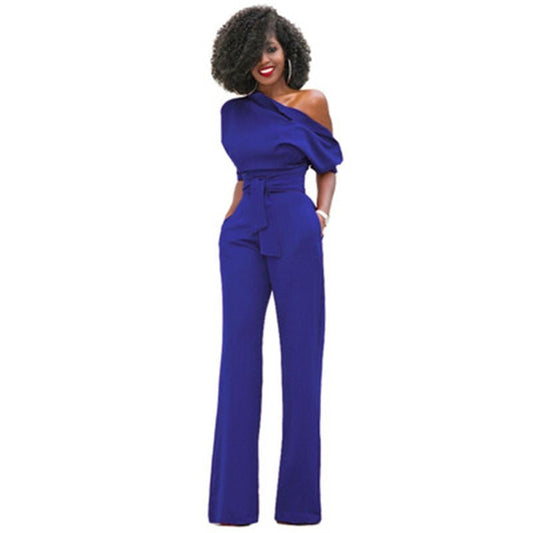 Women’s One-Shoulder Wide-Leg Jumpsuit – Elegant Belted Occasion Style for Parties and Evening Events