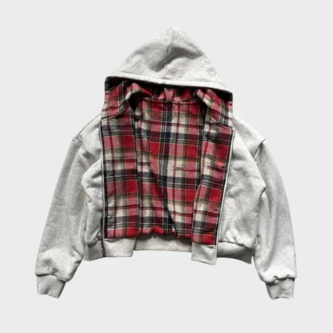 Men’s Reversible Oversized Hooded Jacket – Zip-Up Casual Coat with Plaid Reverse and Adjustable Hood