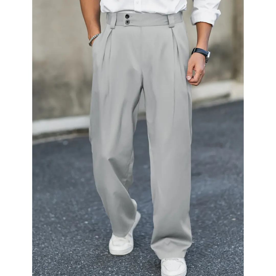 Men’s Pleated Wide-Leg Trousers – Relaxed Tailored Pants with Double-Button Waist and Side Pockets