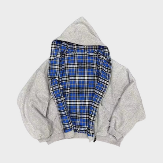 Men’s Reversible Oversized Hooded Jacket – Zip-Up Casual Coat with Plaid Reverse and Adjustable Hood