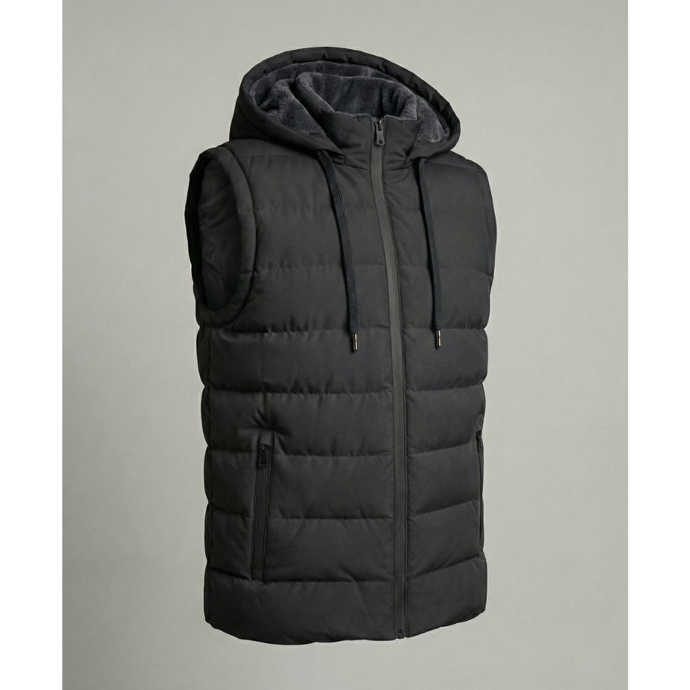Men’s Quilted Hooded Puffer Vest – Fleece-Lined Bodywarmer with Zip Pockets for Cold-Weather Layering