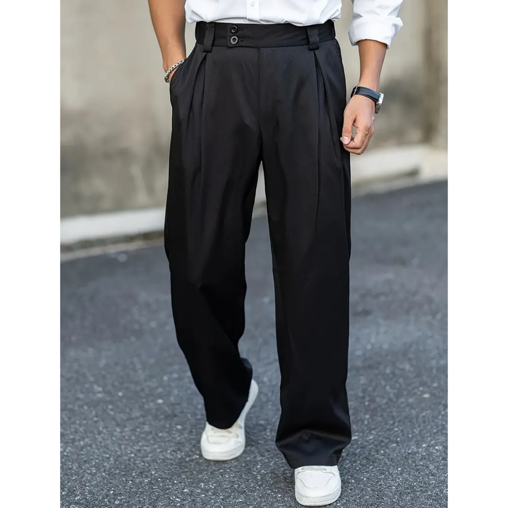 Men’s Pleated Wide-Leg Trousers – Relaxed Tailored Pants with Double-Button Waist and Side Pockets
