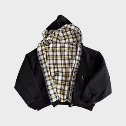 Men’s Reversible Oversized Hooded Jacket – Zip-Up Casual Coat with Plaid Reverse and Adjustable Hood