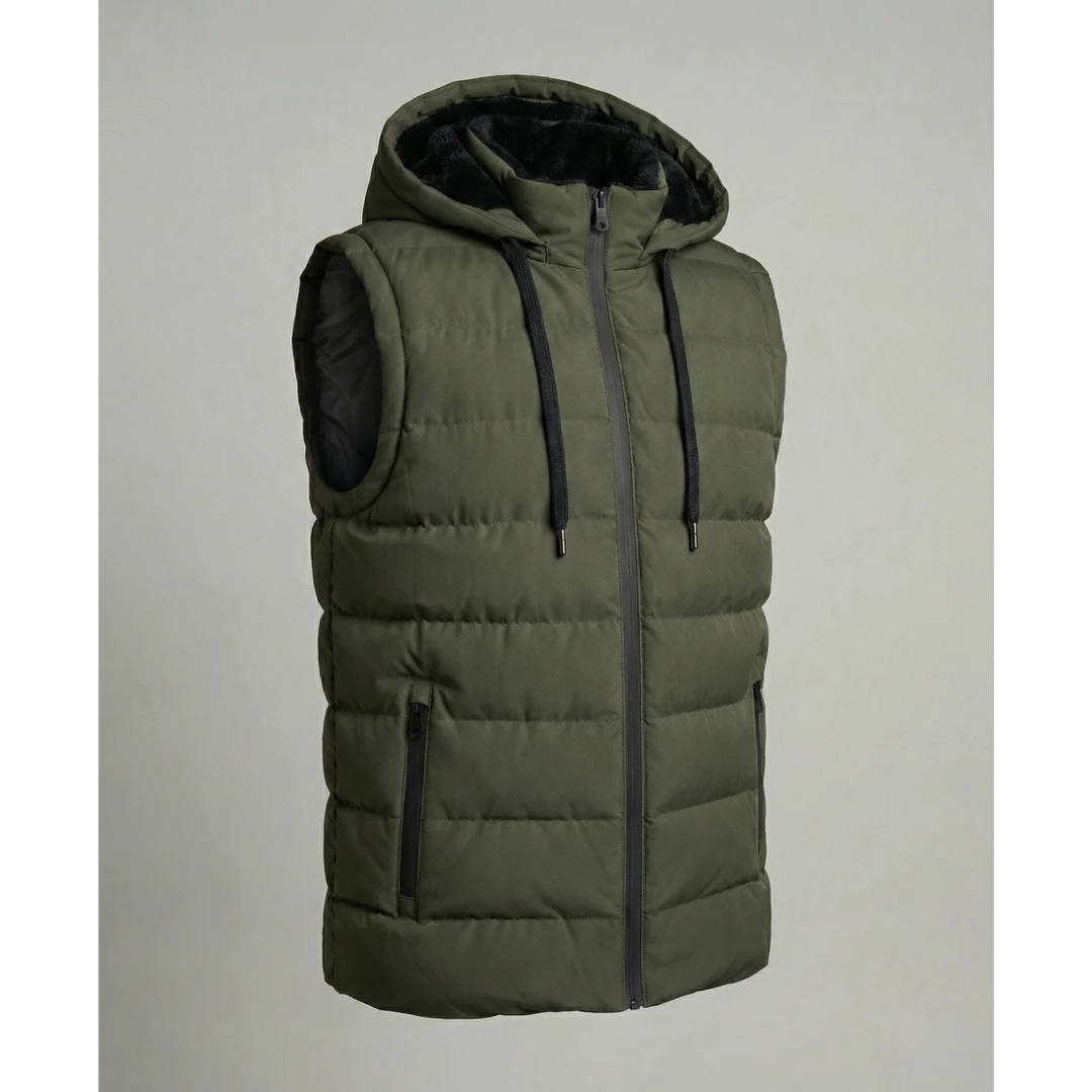 Men’s Quilted Hooded Puffer Vest – Fleece-Lined Bodywarmer with Zip Pockets for Cold-Weather Layering