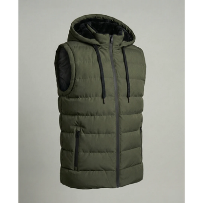 Men’s Quilted Hooded Puffer Vest – Fleece-Lined Bodywarmer with Zip Pockets for Cold-Weather Layering