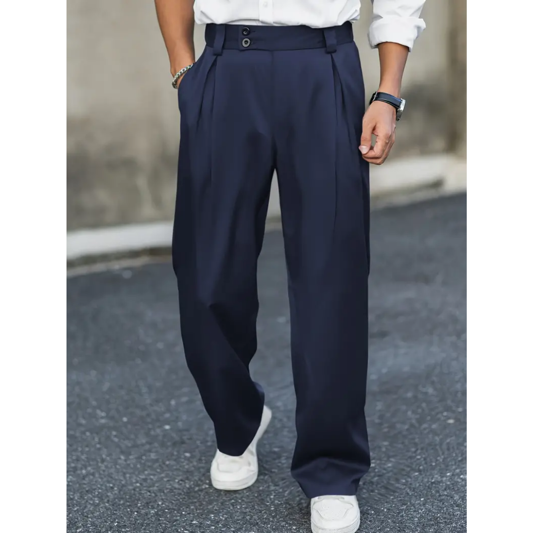 Men’s Pleated Wide-Leg Trousers – Relaxed Tailored Pants with Double-Button Waist and Side Pockets