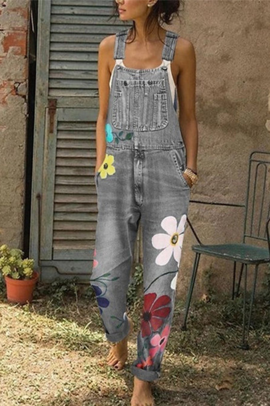 Women’s Printed Denim Overalls – Adjustable Loose-Fit Dungarees with Utility Pockets for Garden and Studio Days