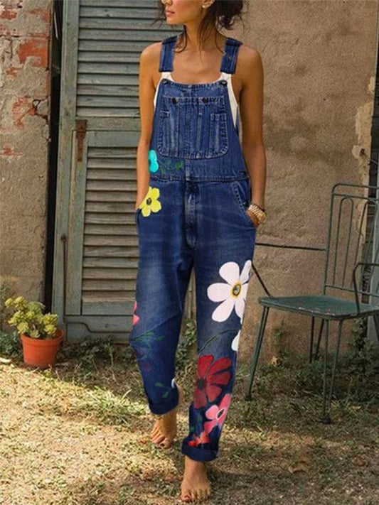 Women’s Printed Denim Overalls – Adjustable Loose-Fit Dungarees with Utility Pockets for Garden and Studio Days