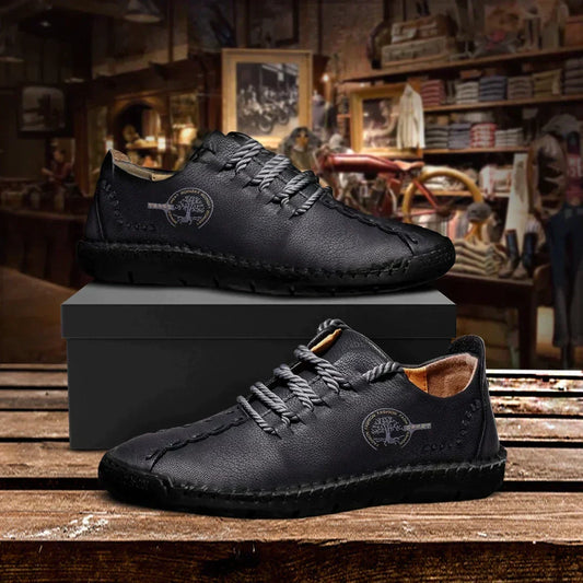 Men’s Vintage Leather Casual Shoes – Hand-Stitched Lace-Up Design with Flexible Low-Profile Sole