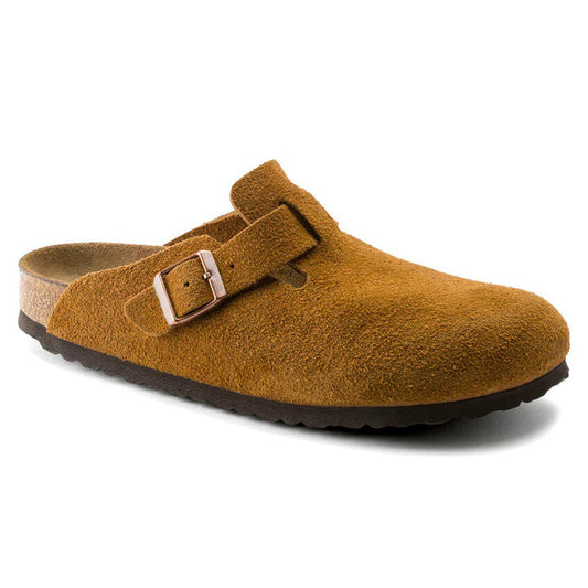 Men’s Adjustable Suede Clogs – Closed-Toe Slip-On Design with Contoured Footbed and Buckle Strap