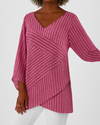Women’s Asymmetric Layered Top – Striped Batwing Sleeve Smart Casual Style