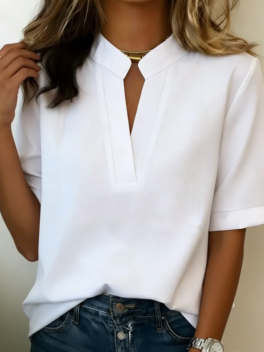 Women’s Split Neck Short Sleeve Top – Relaxed Smart Casual Blouse for Spring and Summer