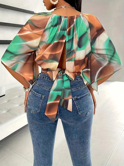 Women’s Printed Crop Top – Draped Flutter Sleeve Summer Top for Holiday and Evening Wear