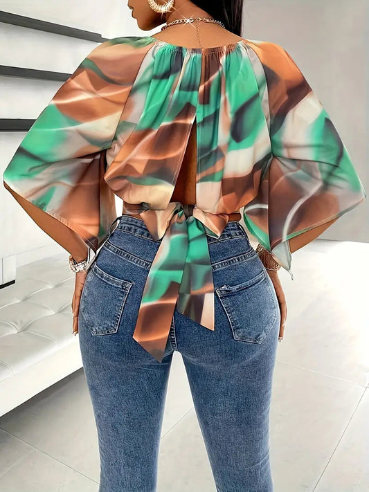 Women’s Printed Crop Top – Draped Flutter Sleeve Summer Top for Holiday and Evening Wear