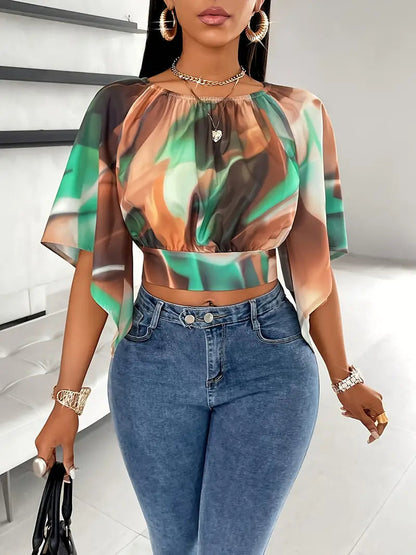 Women’s Printed Crop Top – Draped Flutter Sleeve Summer Top for Holiday and Evening Wear